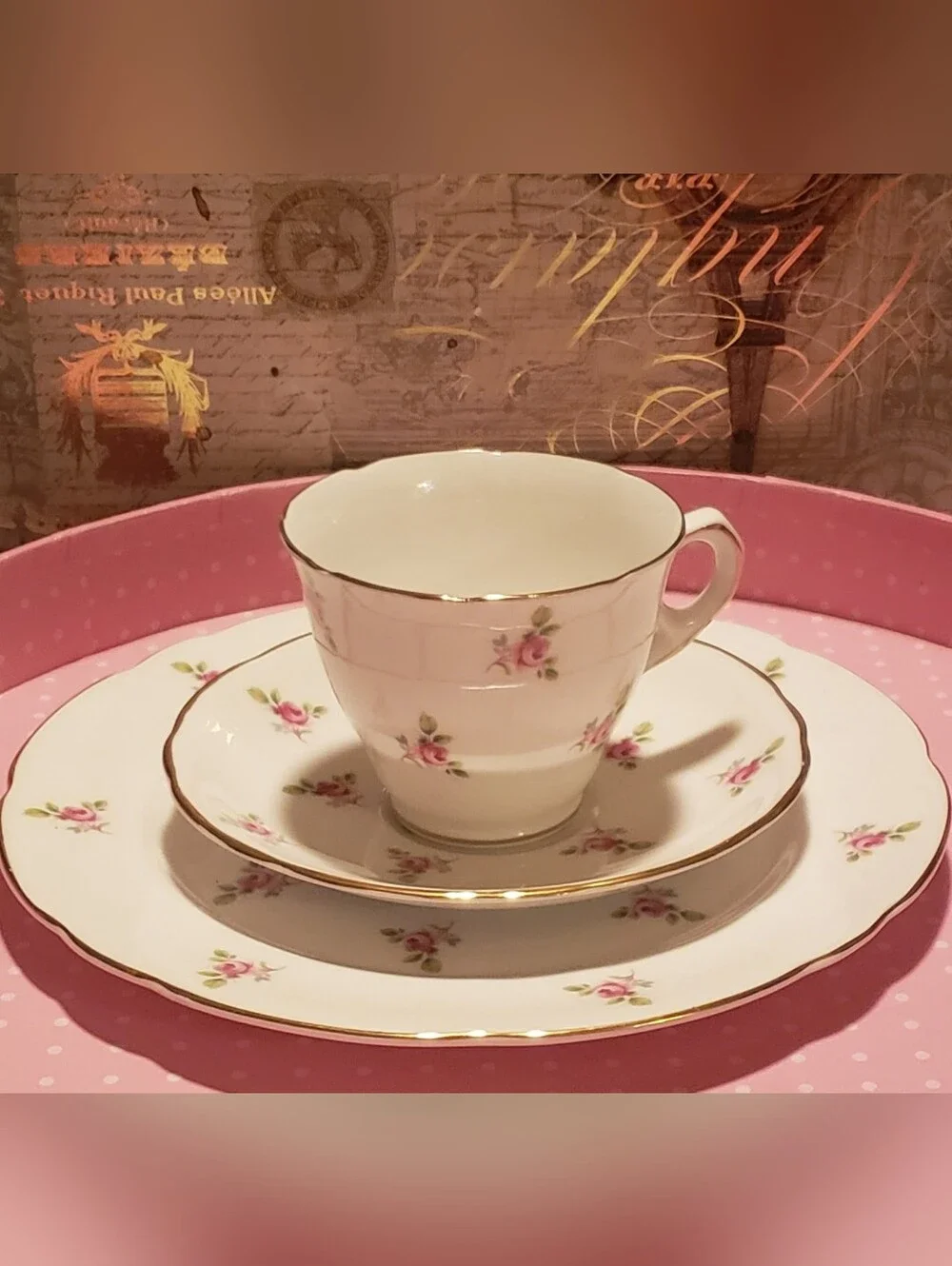 Vintage Royal Kent Pink Rose Gold-Trim Porcelain Tea Cup & Saucer Set